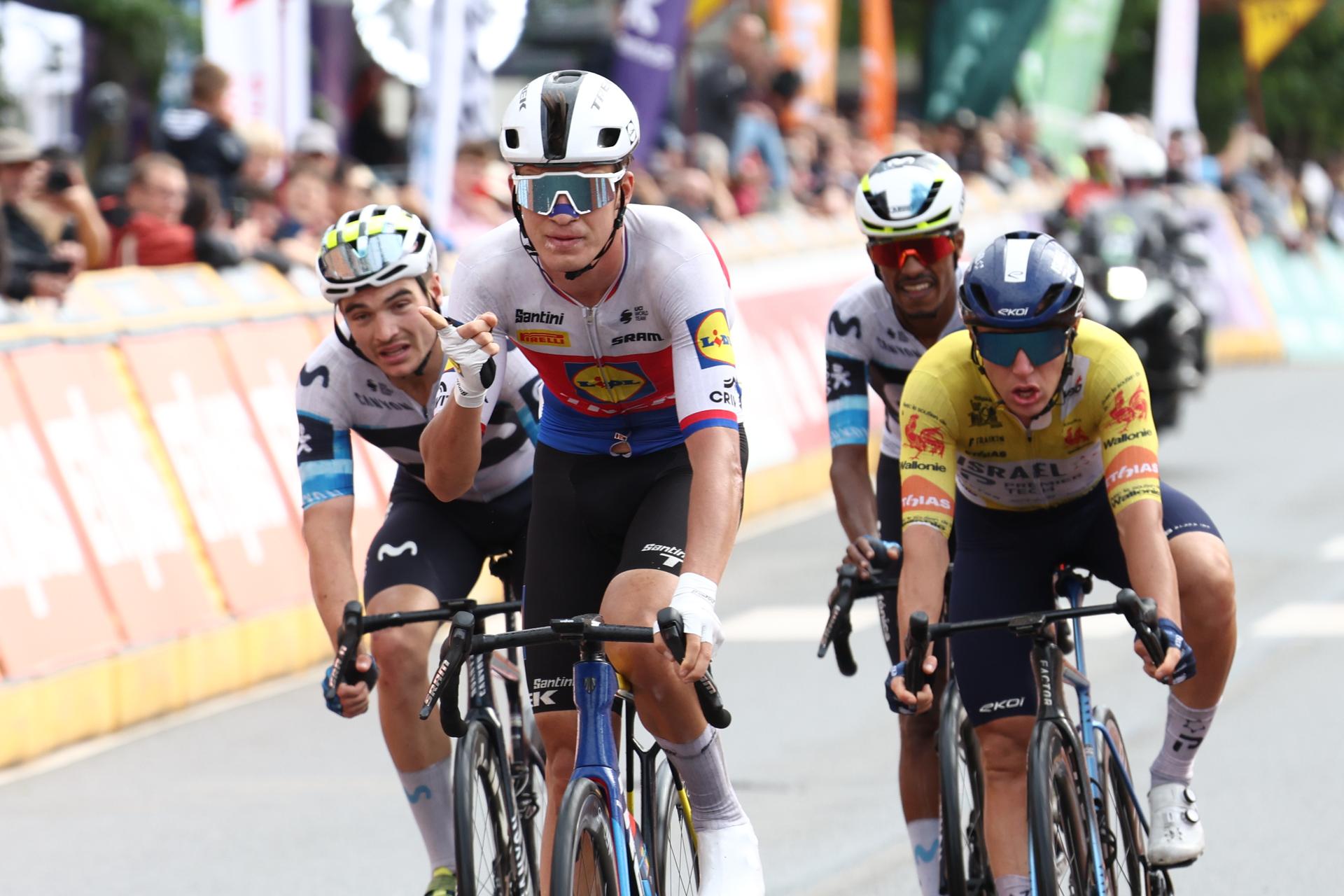 Czech Mathias Vacek of Lidl-Trek (C) crosses the finish line to win the fourth stage of the Tour De Wallonie cycling race, from Welkenraedt to Seraing (163,3 km), on Tuesday 29 July 2025. BELGA PHOTO BRUNO FAHY