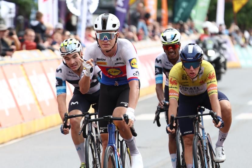 Czech Mathias Vacek of Lidl-Trek (C) crosses the finish line to win the fourth stage of the Tour De Wallonie cycling race, from Welkenraedt to Seraing (163,3 km), on Tuesday 29 July 2025. BELGA PHOTO BRUNO FAHY