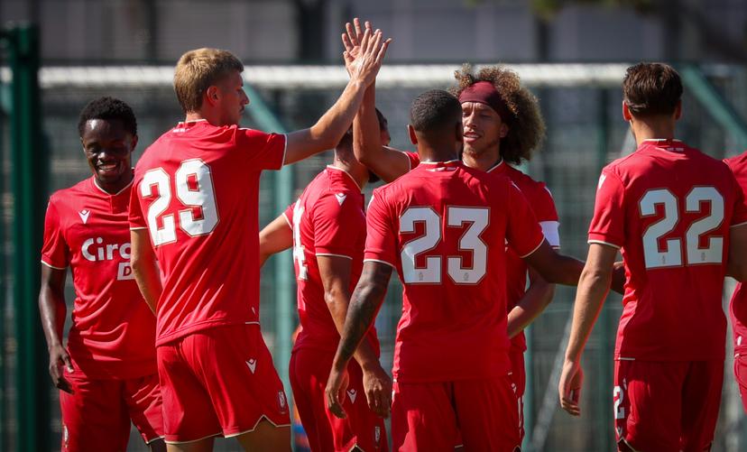 Standard's Marlon Fossey celebrates after scoring during a friendly soccer game between Belgian Standard de Liege and French US Boulogne CO in Touquet, France on Wednesday 09 July 2025. Standard is on a summer training camp to prepare for the upcoming season. BELGA PHOTO VIRGINIE LEFOUR