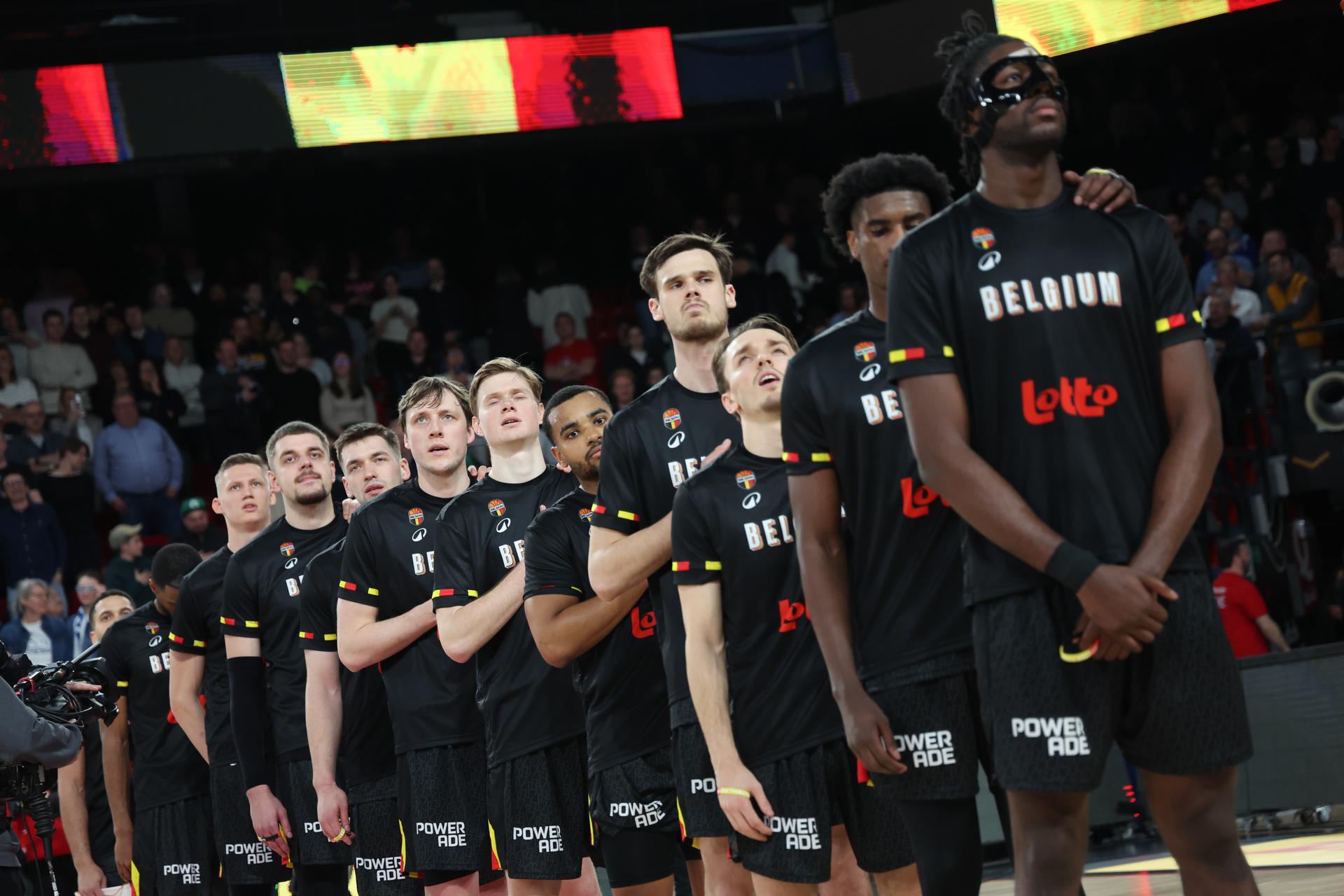 Belgium's players pictured at the start of a basketball match between Belgian national team Belgian Lions and Finland, Friday 27 February 2026 in Charleroi, qualifier 3/6 for the men's 2027 FIBA World Championships. BELGA PHOTO VIRGINIE LEFOUR