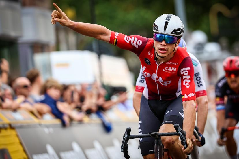 Belgian Arnaud De Lie of Lotto Cycling Team celebrates as he crosses the finish line to win the Super 8 Classic one day cycling race 200,7km from Brakel to Boortmeerbeek, on Saturday 20 September 2025. BELGA PHOTO DAVID PINTENS