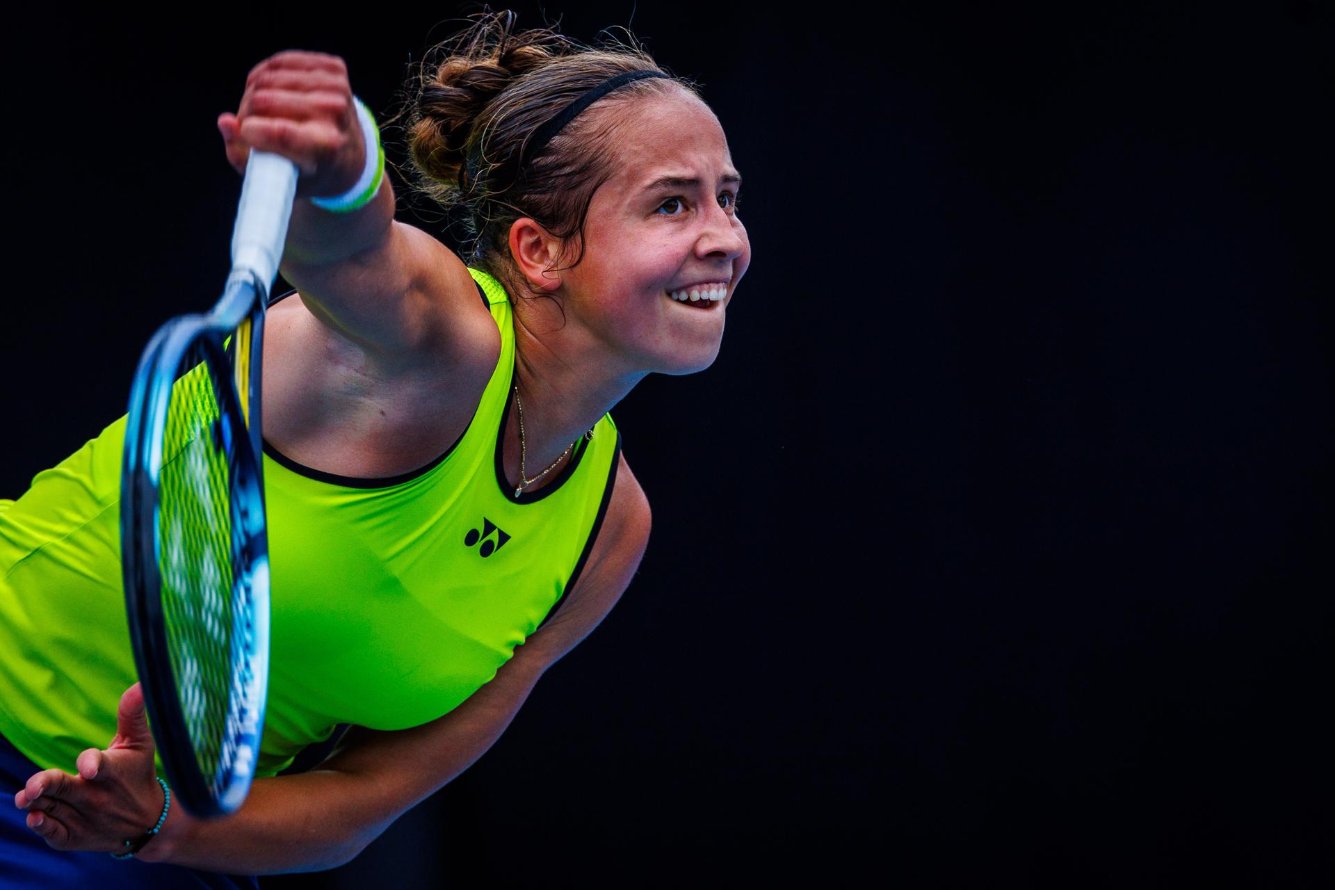 Belgium¿s Hanne Vandewinkel during a qualifying match against USA¿s Carol Young Suh at the Australian Open, Melbourne Park, Melbourne, January 13, 2026.    Photo by Patrick Hamilton/SIPA USA) ---  BENELUX ONLY     ---