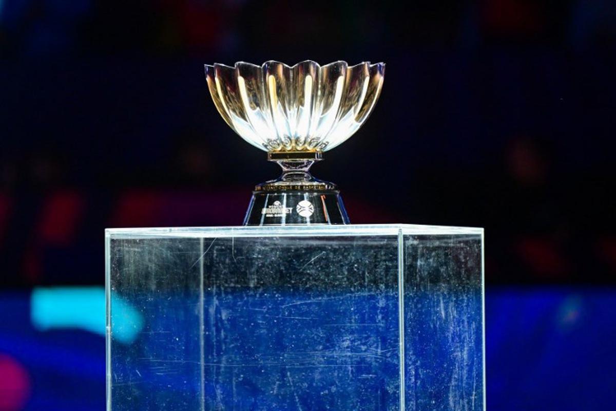 This photograph taken at the Arena Stozice in Ljubljana, Slovenia, on June 25, 2023, shows the trophy prior to the FIBA Women's Eurobasket 2023 final basketball match between Spain and Belgium.  Jure Makovec / AFP