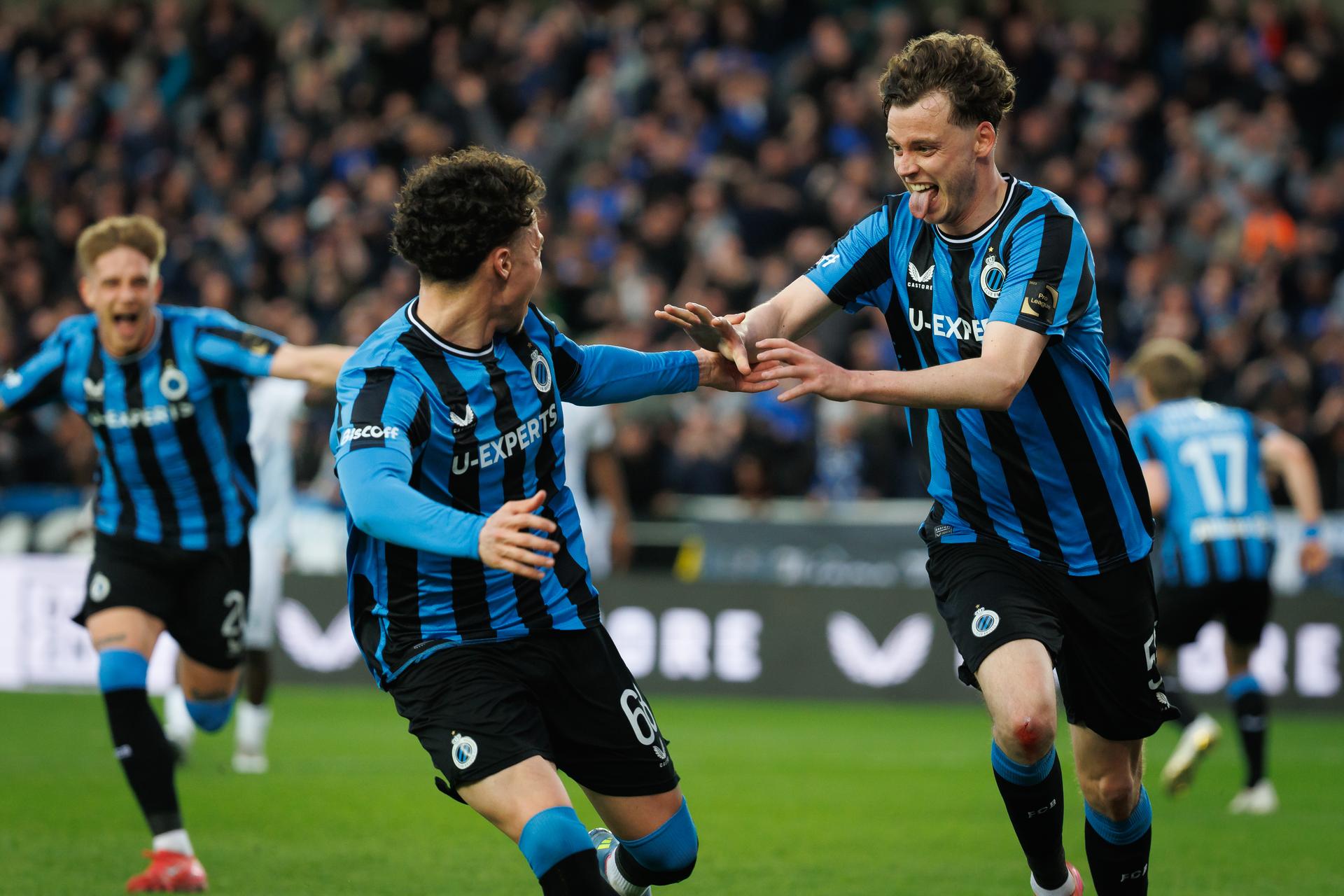 Club's Maxim De Cuyper celebrates after scoring during a soccer match between Club Brugge and KRC Genk, Sunday 13 April 2025 in Brugge, on day 3 (out of 10) of the Champions' Play-offs of the 2024-2025 'Jupiler Pro League' first division of the Belgian championship. BELGA PHOTO KURT DESPLENTER
