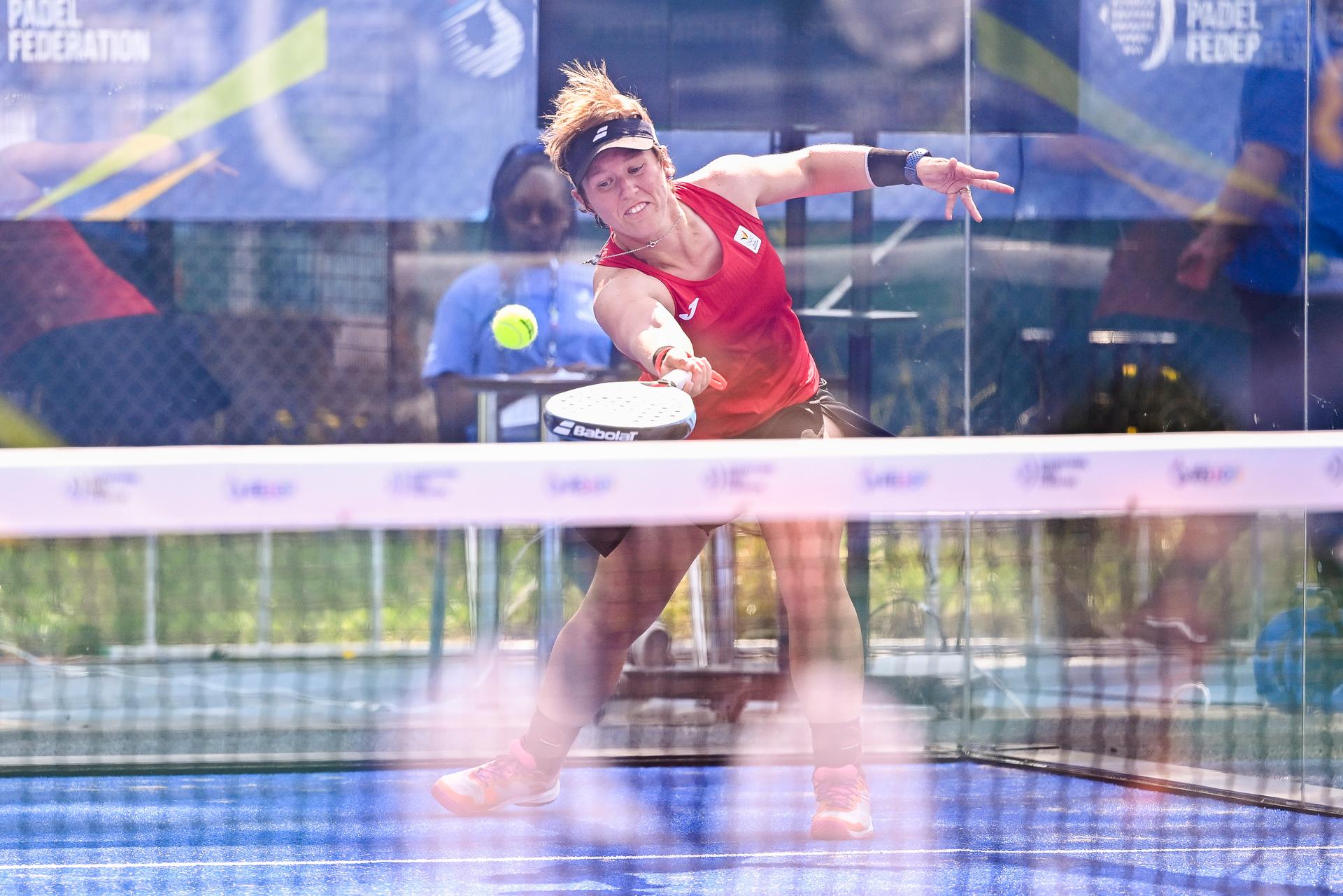 Padel player An-Sophie Mestach pictured in action during a women doubles first round game in the padel competition between Belgian pair Wyckaert-Mestach and German pair Clement-Scholten at the European Games, in Krakow, Poland, Wednesday 21 June 2023. The 3rd European Games, informally known as Krakow-Malopolska 2023, is a scheduled international sporting event that will be held from 21 June to 02 July 2023 in Krakow and Malopolska, Poland. BELGA PHOTO LAURIE DIEFFEMBACQ