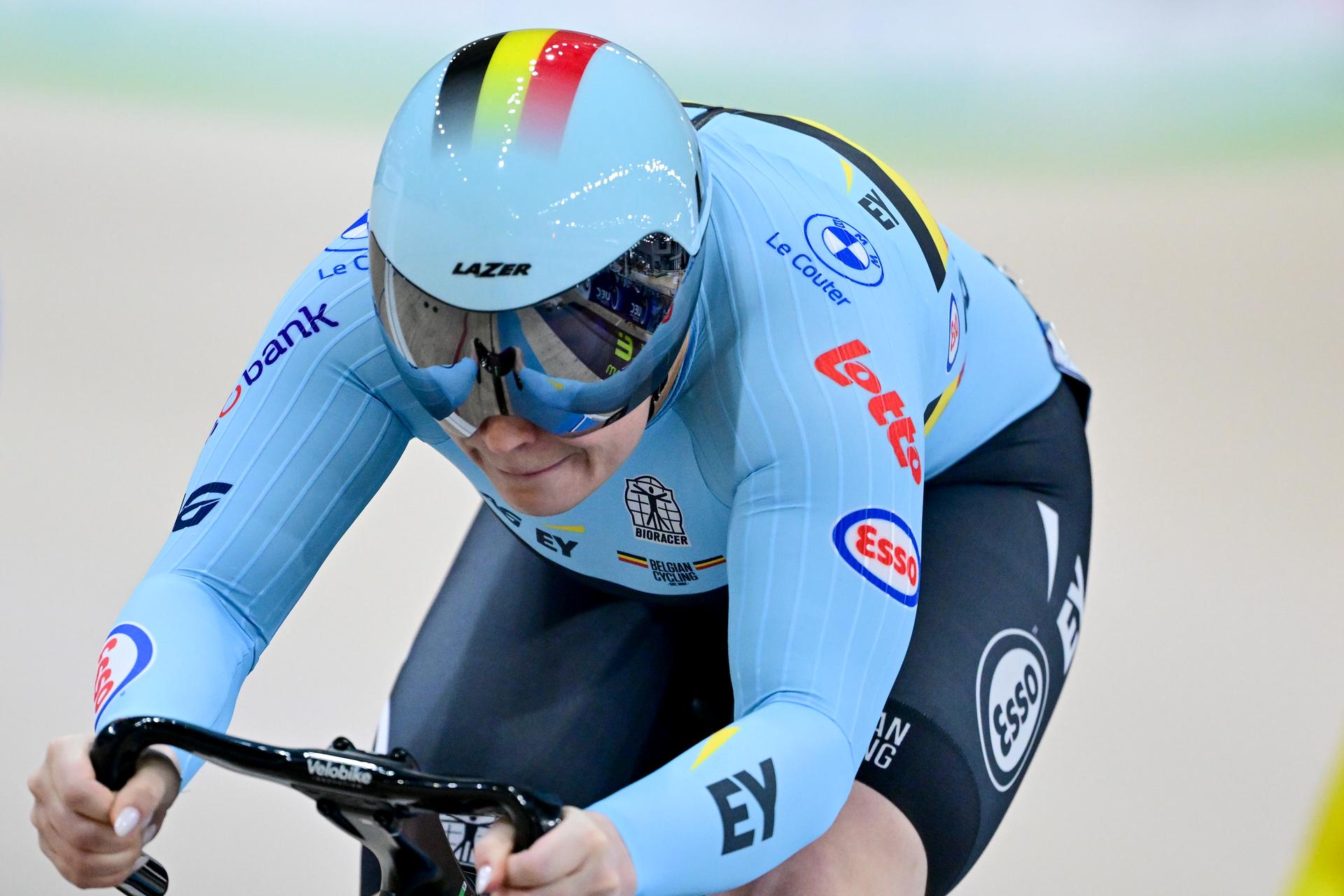 Belgian Nicky Degrendele pictured in action during the women's Keirin first round at the fifth and last day of the 2026 UEC Track Elite European Championships, in Konya, Turkey, Thursday 05 February 2026. The European Championships take place from 01 to 05 February 2026. BELGA PHOTO DIRK WAEM
