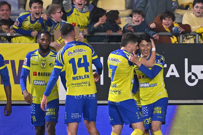 STVV's Arbnor Muja and STVV's Kaito Matsuzawa celebrate after scoring during a soccer match between Sint-Truidense V.V. and Cercle Brugge, Sunday 08 March 2026 in Sint-Truiden, on day 28 of the 2025-2026 'Jupiler Pro League' first division of the Belgian championship. BELGA PHOTO JOHAN EYCKENS