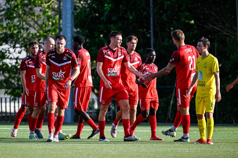Dender's Aurelien Scheidler celebrates after scoring during a friendly game between amateurs Leeuwkens Teralfene and 1st division team Dender EH, Wednesday 25 June 2025 in Teralfene, Affligem, in preparation of the upcoming 2025-2026 season. BELGA PHOTO TOM GOYVAERTS