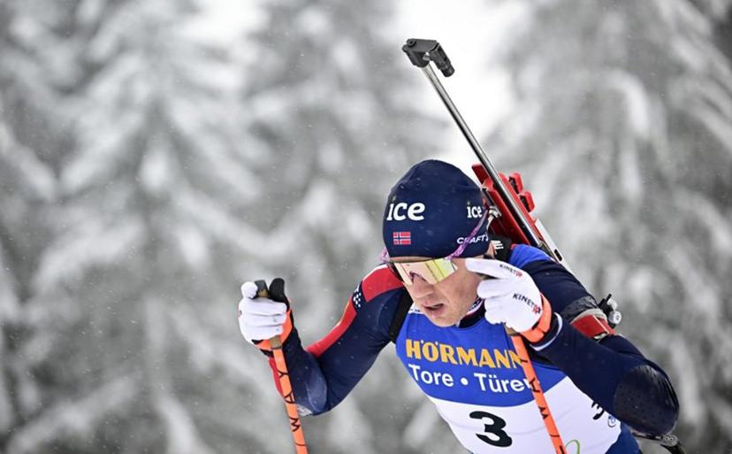 Norway's Johannes Dale-Skjevdal competes in the men's 12,5km pursuit event of the IBU Biathlon World Cup in Oberhof, eastern Germany on January 10, 2026.  Tobias SCHWARZ / AFP