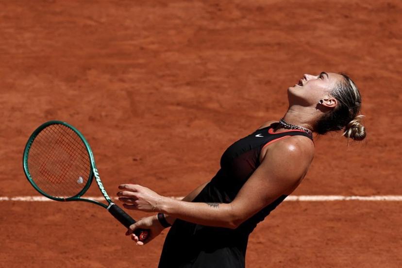 Belarus' Aryna Sabalenka reacts as she plays against Spain's Jessica Bouzas Maneiro during their women's singles match on day 3 of the French Open tennis tournament on Court Philippe-Chatrier at the Roland-Garros Complex in Paris on May 26, 2026.  Anne-Christine POUJOULAT / AFP