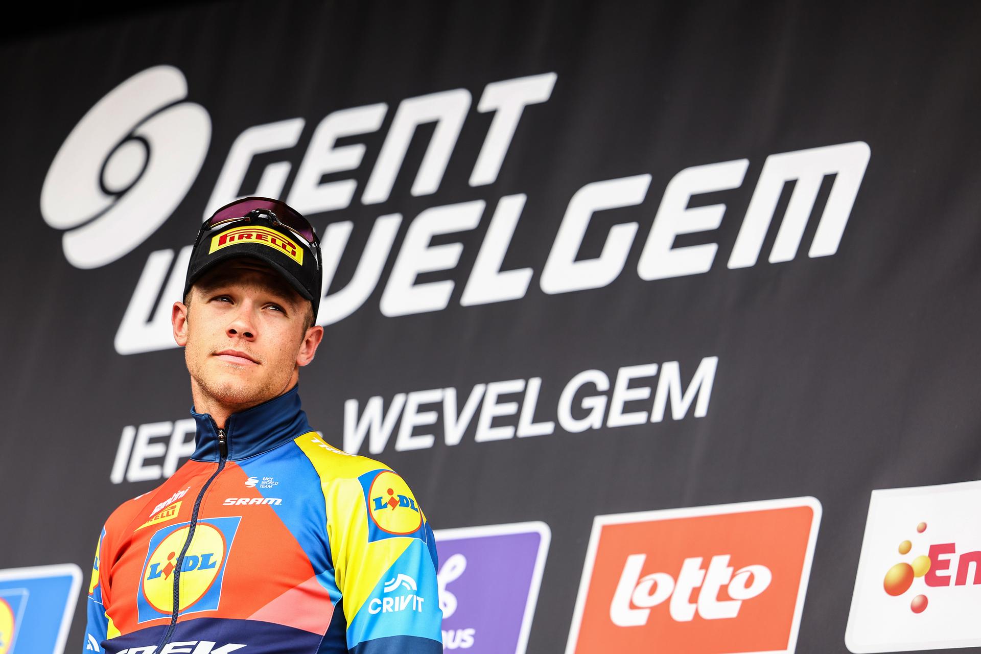 Italian Jonathan Milan of Lidl-Trek pictured on the podium after the men elite 'Gent-Wevelgem - In Flanders Fields' one day cycling race, 250.3 km from Ieper to Wevelgem, Sunday 30 March 2025. BELGA PHOTO DAVID PINTENS