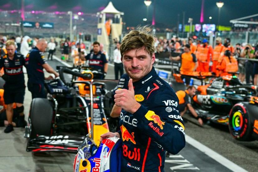 Red Bull Racing's Dutch driver Max Verstappen reacts after taking the pole position at the end of the qualifying session ahead of the Abu Dhabi Formula One Grand Prix at the Yas Marina Circuit in Abu Dhabi on December 6, 2025.  Andrej ISAKOVIC / AFP
