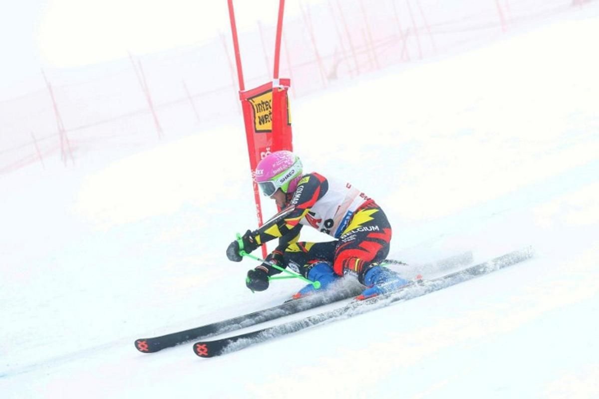 Belgium's Sam Maes competes during the first run of the men's giant slalom at the Alpine Ski World Cup opener in Solden on October 26, 2025.  Johann GRODER / APA / AFP