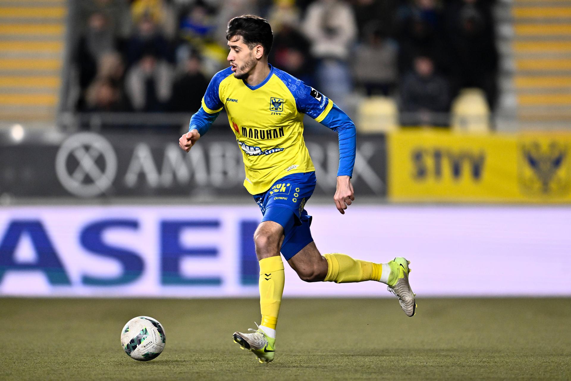 STVV's Zineddine Belaid pictured in action during a soccer match between Sint-Truiden VV and Club Brugge KV, Saturday 15 February 2025 in Sint-Truiden, on day 26 of the 2024-2025 season of the 'Jupiler Pro League' first division of the Belgian championship. BELGA PHOTO JOHAN EYCKENS
