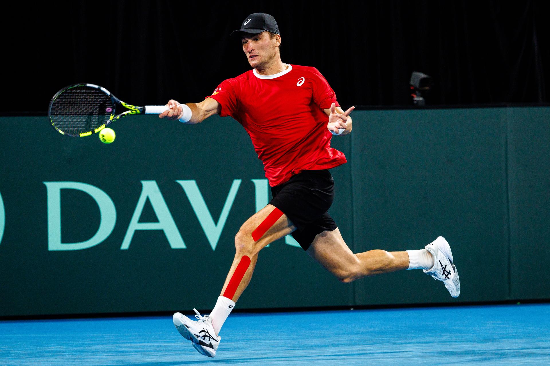 Belgian Raphael Collignon pictured in action duringa a tennis match between Belgian Collignon and Australian Thompson, during the qualifier of the Davis Cup, Sunday 14 September 2025, in Sydney, Australia. Belgium and Australia will compete this weekend in the second round of the Davis Cup qualifiers. BELGA PHOTO PATRICK HAMILTON