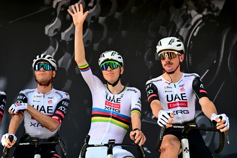 Slovenian Tadej Pogacar of UAE Team Emirates and American Brandon McNulty of UAE Team Emirates pictured at the start of the men elite race of the Liege-Bastogne-Liege one day cycling event, 252km from Liege, over Bastogne to Liege, Sunday 27 April 2025. BELGA PHOTO MAARTEN STRAETEMANS