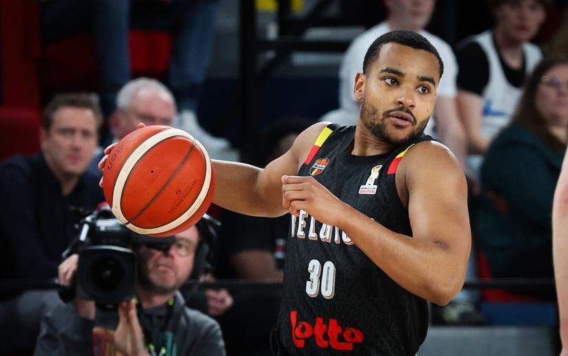 Belgium's Stephan Swenson Dibongue pictured in action during a basketball match between Belgian national team Belgian Lions and Finland, Friday 27 February 2026 in Charleroi, qualifier 3/6 for the men's 2027 FIBA World Championships. BELGA PHOTO VIRGINIE LEFOUR