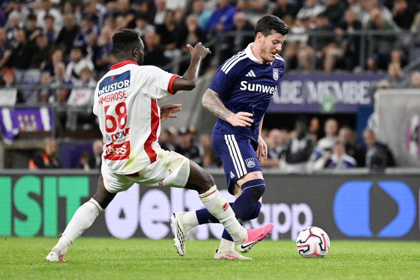 Kortrijk's Thierry Ambrose and Anderlecht's Giulian Biancone fight for the ball during a soccer match between RSC Anderlecht and KV Kortrijk, Thursday 3 September 2026 in Brussels, on day 3 of the 2026-2027 'Jupiler Pro League' first division of the Belgian championship. The match was postponed so Anderlecht could prepare for European play-offs. BELGA PHOTO MAARTEN STRAETEMANS
