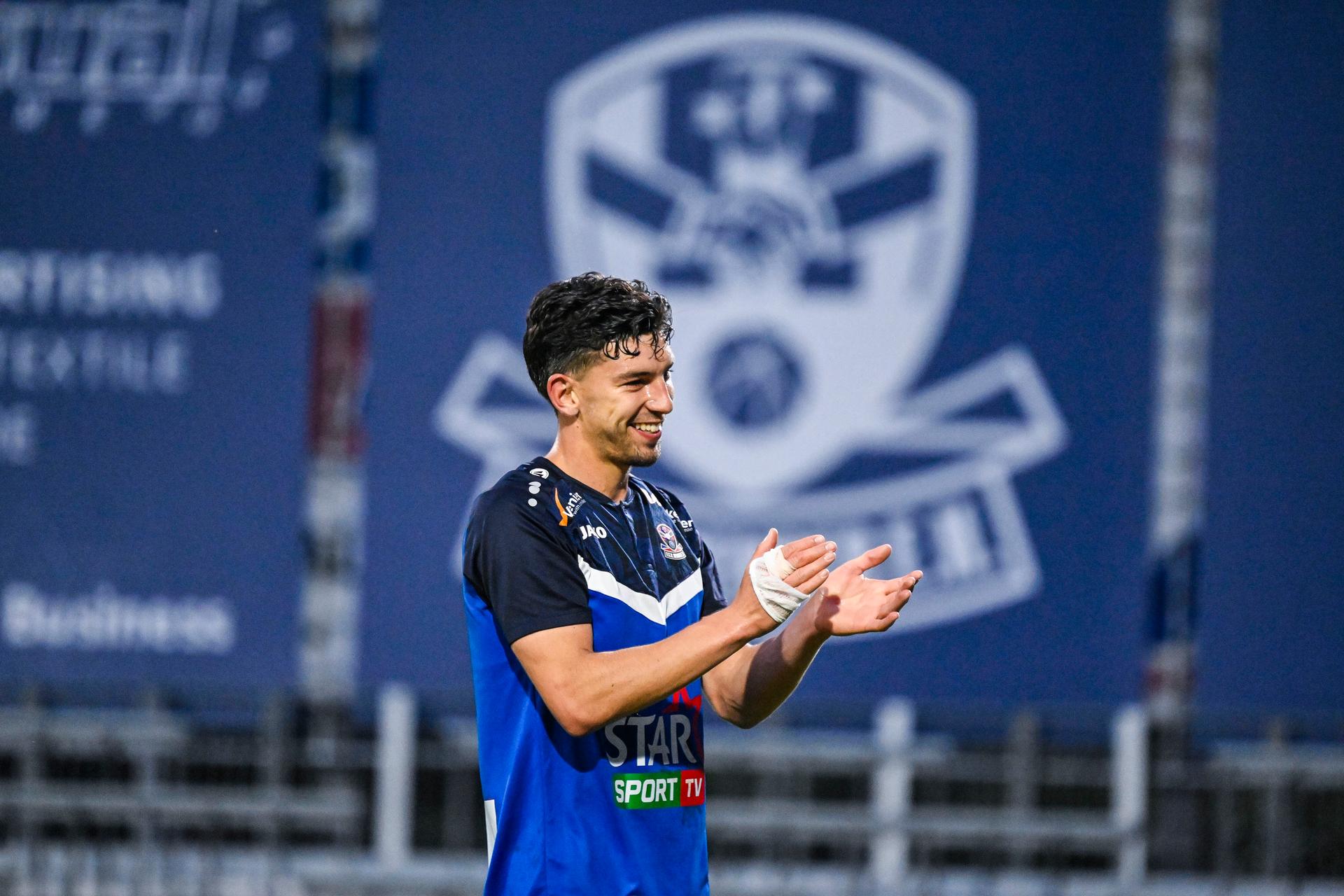 Dender's Lennard Hens pictured during a soccer match between FCV Dender EH and KV Mechelen, Saturday 24 May 2025 in Denderleeuw, on day 10 (out of 10) of the Europe Play-offs of the 2024-2025 'Jupiler Pro League' first division of the Belgian championship. BELGA PHOTO TOM GOYVAERTS