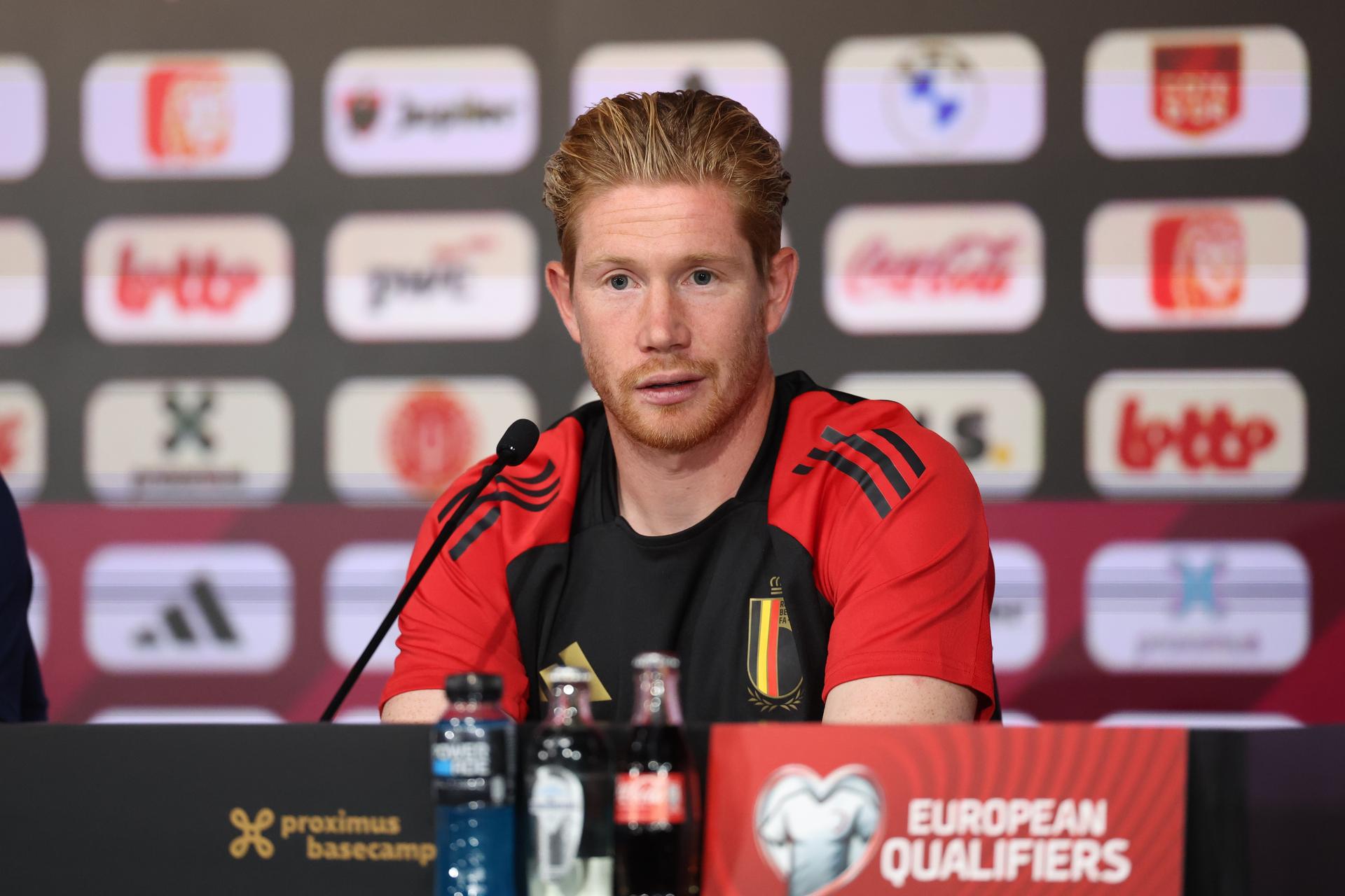 Belgium's Kevin De Bruyne pictured during a press conference of the Red Devils, the Belgian national soccer team, at the Proximus Basecamp in Tubize, Saturday 06 September 2025. The team is preparing for the match against Kazakhstan (07/09). BELGA PHOTO VIRGINIE LEFOUR