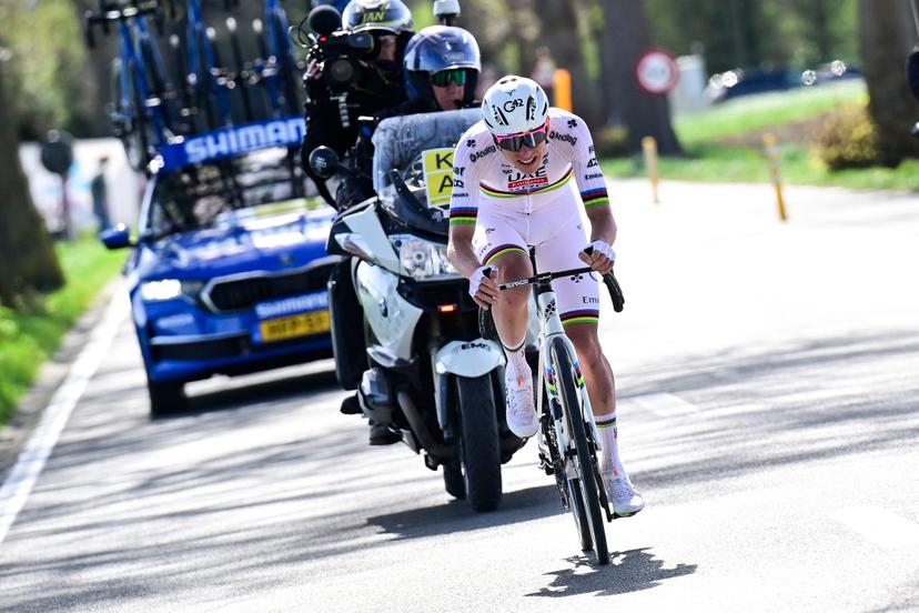 Slovenian Tadej Pogacar of UAE Team Emirates pictured in action solo in the final stretch during the men's race of the 'Ronde van Vlaanderen/ Tour des Flandres/ Tour of Flanders' one day cycling race, 268,9km from Brugge to Oudenaarde, Sunday 06 April 2025. BELGA PHOTO DIRK WAEM