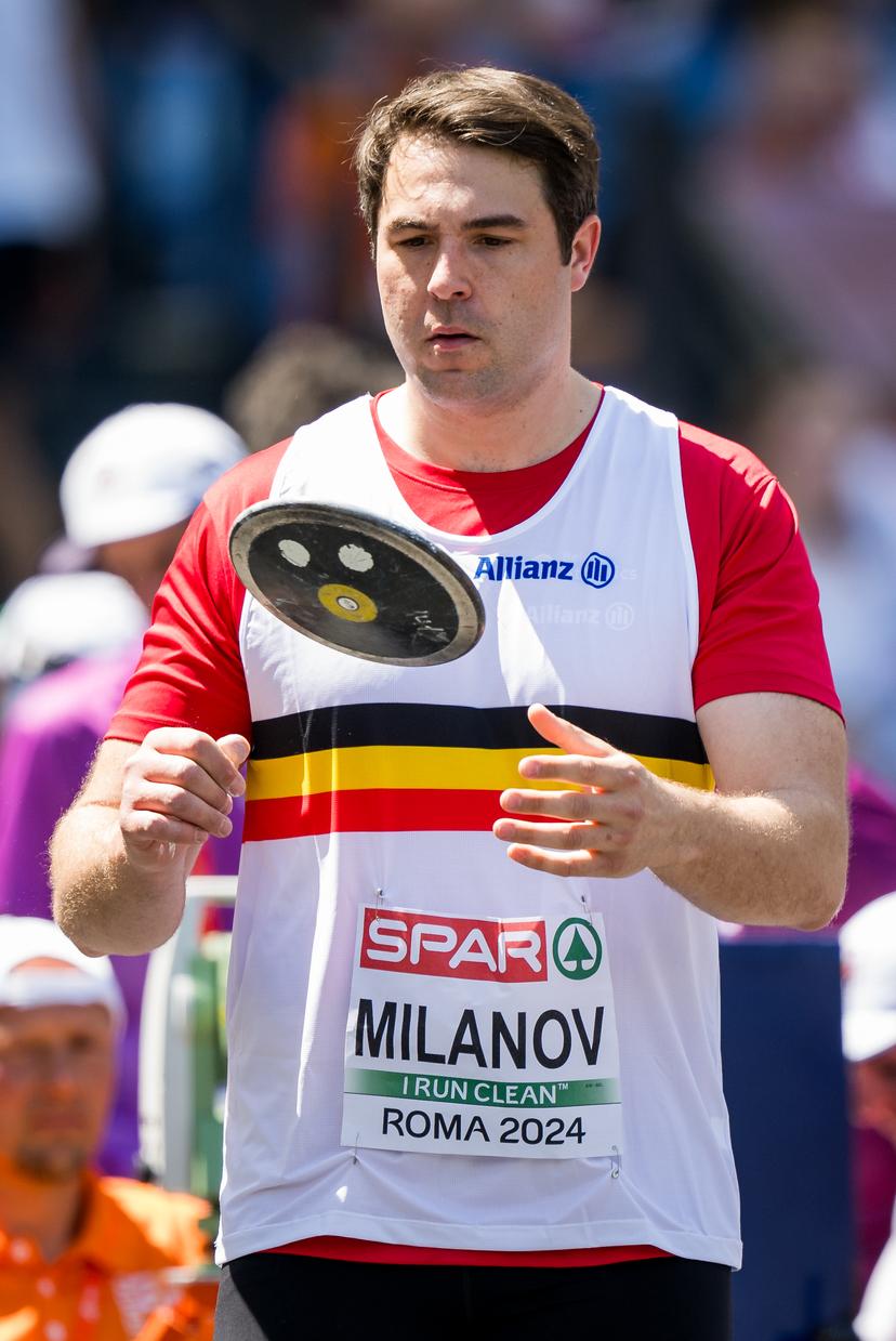 Belgian Philip Milanov pictured in action during the discus throw event, at the European Championships Athletics in Rome, Italy, on Friday 07 June 2024. The European Athletics Championships take place from 7 to 12 June. BELGA PHOTO JASPER JACOBS