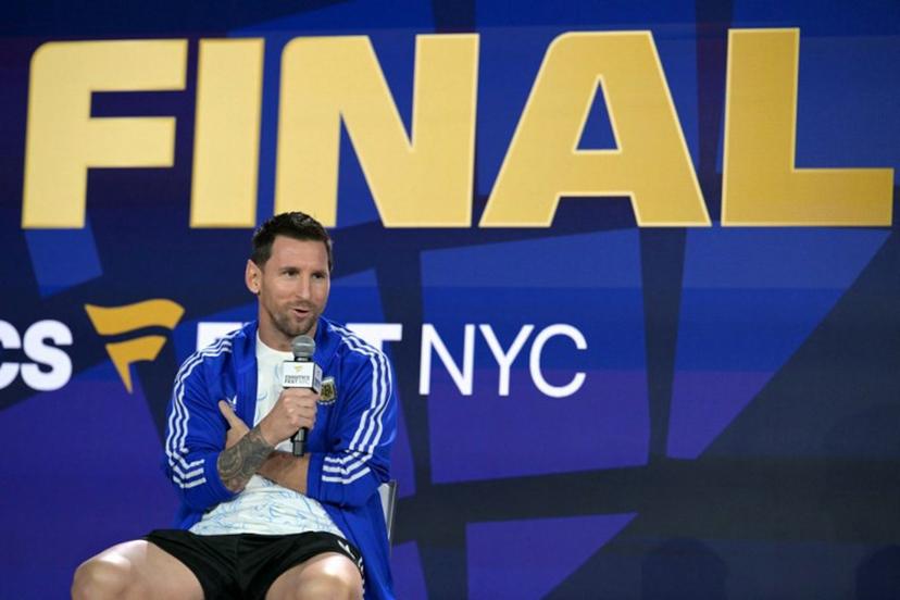 Argentina's forward #10 Lionel Messi speaks to fans at the Javits Center in New York on July 17, 2026, two days ahead of the 2026 World Cup football tournament final match between Spain and Argentina.   JUAN MABROMATA / AFP