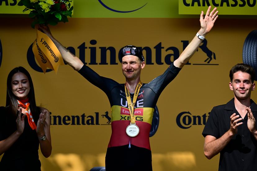 Belgian Tim Wellens of UAE Team Emirates and pictured on the podium after winning the stage 15 of the 2025 Tour de France cycling race, from Muret to Carcasonne (169 km), on Sunday 20 July 2025 in France. The 112th edition of the Tour de France starts on Saturday 5 July in Lille, France, and will finish in Paris, France on the 27th of July.   BELGA PHOTO DIRK WAEM