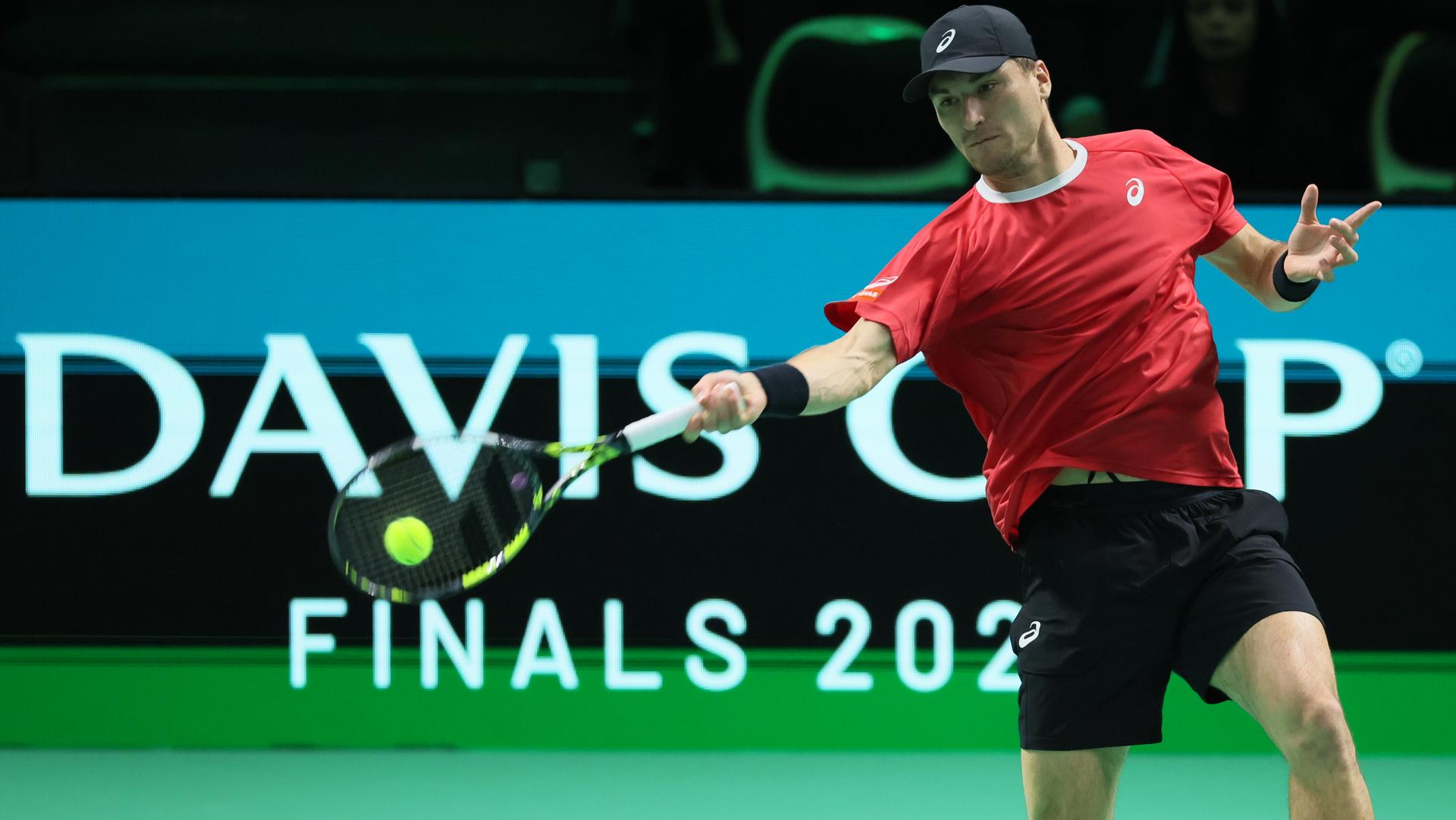 Belgian Raphael Collignon pictured in action during a tennis match against French Moutet, the first match of the Davis Cup quarter-finals Belgium and France, in Bologna, Italy, on Tuesday 18 November 2025. Davis Cup top eight Finals takes place in Bologna from November 18 to 23. BELGA PHOTO BENOIT DOPPAGNE