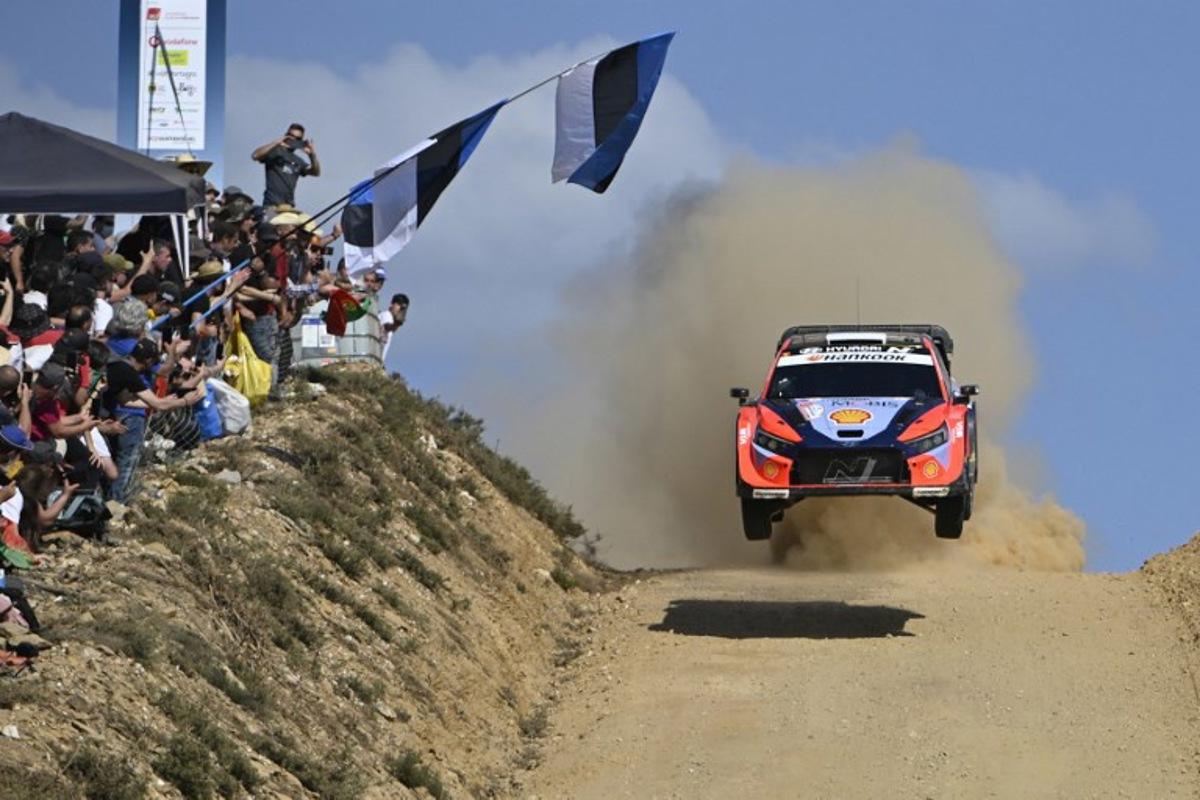 Ott Tanak of Estonia and his co-driver Martin Jarveoja of Estonia compete in their Hyundai i20 N Rally 1 during the SS9 stage of the World Rally Championship (WRC) Rally of Portugal in Mortagua, on May 16, 2025.  MIGUEL RIOPA / AFP