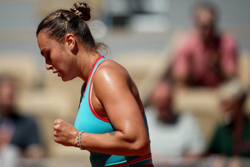 Belarus' Aryna Sabalenka reacts during her women's singles match against Serbia's Olga Danilovic on day 6 of the French Open tennis tournament on Court Philippe-Chatrier at the Roland-Garros Complex in Paris on May 30, 2025.  Dimitar DILKOFF / AFP