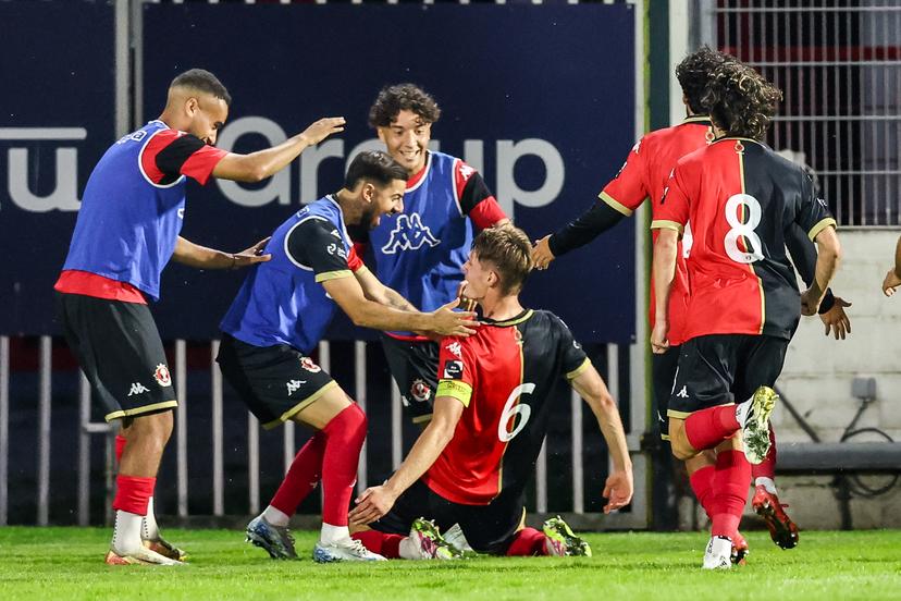 Seraing's Noah Solheid celebrates after scoring during a soccer game between RFC Seraing and K Beerschot VA, Friday 08 August 2025 in Seraing, on the first day of the 2025-2026 'Challenger Pro League' 1B second division of the Belgian championship. BELGA PHOTO BRUNO FAHY