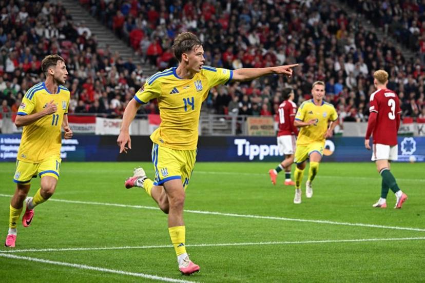 Ukraine's forward Danylo Sikan (2L) celebrates scoring his team's first goal during the UEFA Nations League Group B2 football match between Hungary and Ukraine in Budapest, Hungary on September 25, 2026.  Attila KISBENEDEK / AFP