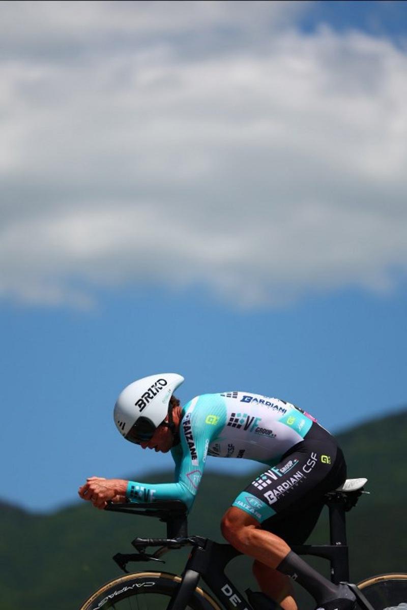 Team Bardiani's Italian rider Filippo Fiorelli competes during the 7th stage of the 107th Giro d'Italia cycling race, an individual time trial between Foligno and Perugia, on May 10, 2024 in Foligno.   Luca Bettini / AFP