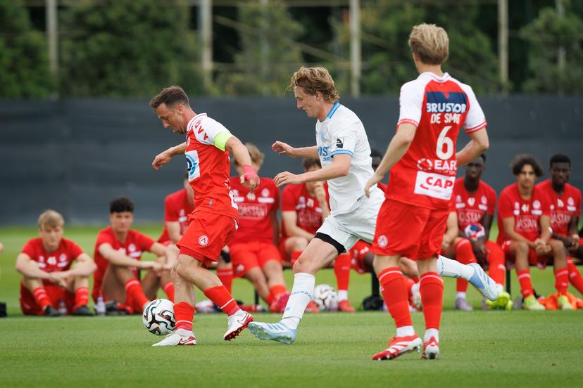 Kortrijk's Brecht Dejaeghere and Club's Cisse Sandra fight for the ball during a friendly game between Club Brugge and KV Kortrijk, Saturday 28 June 2025 in Knokke-Heist, in preparation of the upcoming 2025-2026 season. BELGA PHOTO KURT DESPLENTER
