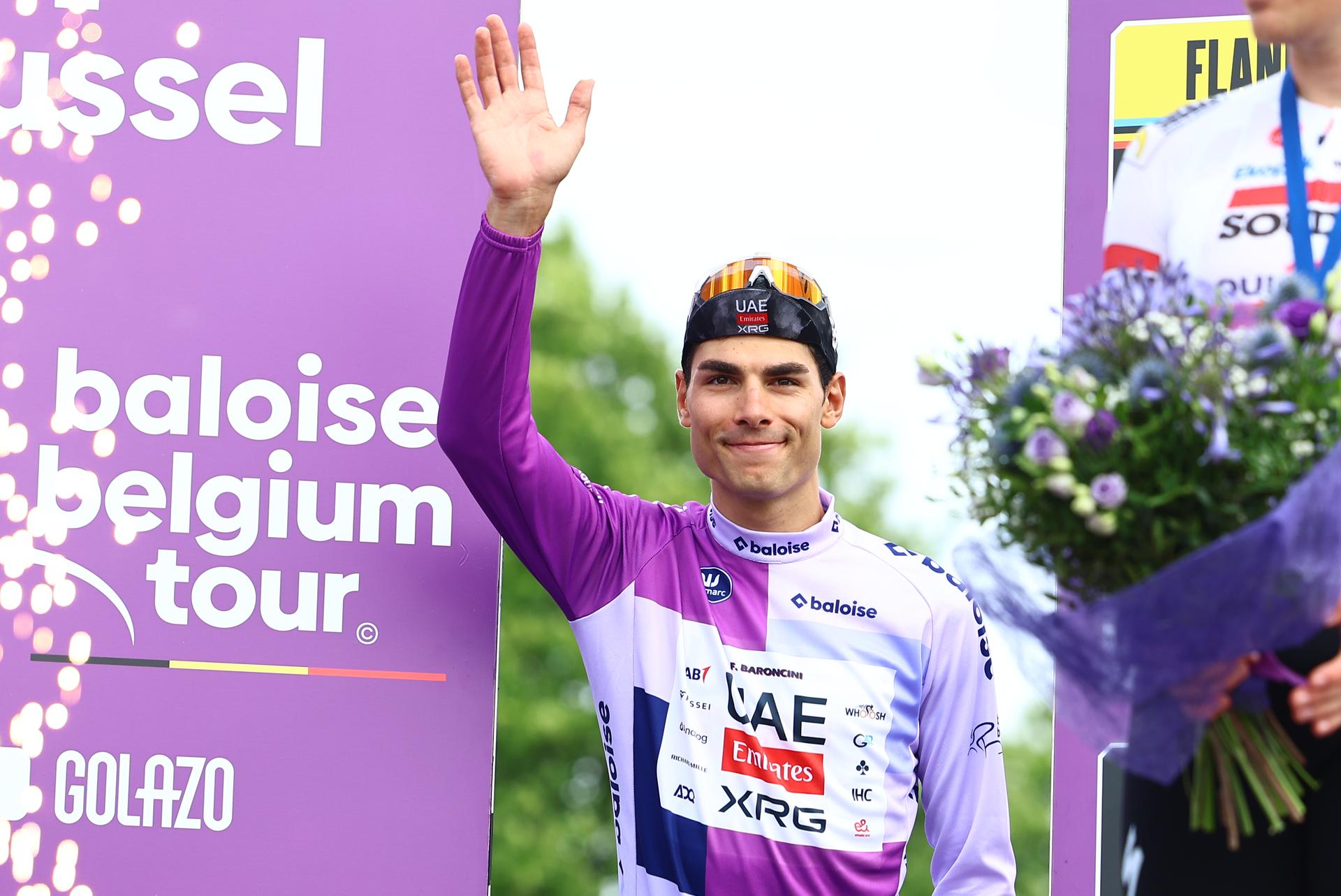 Italian Filippo Baroncini of UAE Team Emirates pictured on the podium after stage 5, the last stage of the Baloise Belgium Tour cycling race, from and to Brussels (183,2 km), Sunday 22 June 2025. The Baloise Belgium Tour takes place from 18 to 22 June. BELGA PHOTO DAVID PINTENS