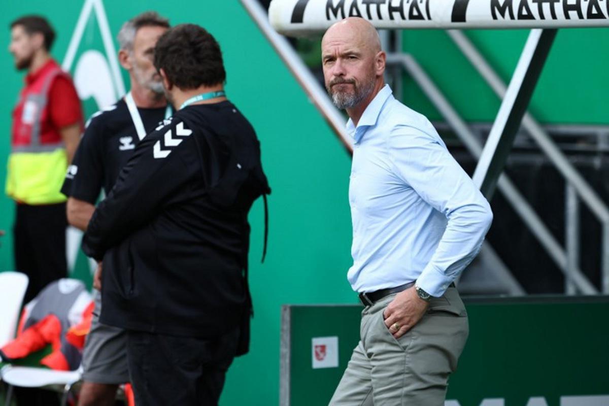 Bayer Leverkusen's Dutch head coach Erik ten Hag looks on ahead the German first division Bundesliga football match between Werder Bremen and Bayer Leverkusen in Bremen on August 30, 2025.  Ibrahim OT / AFP