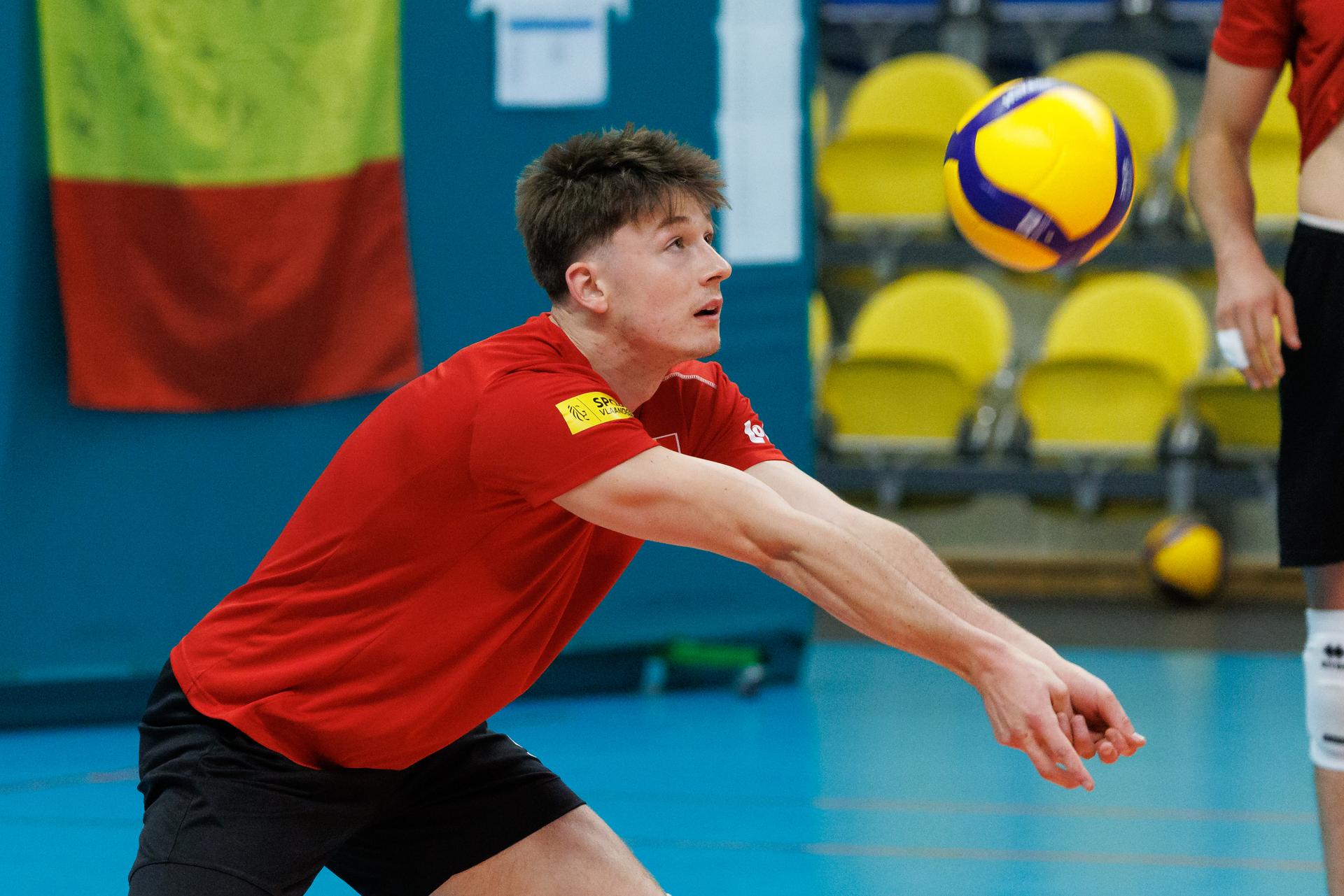 Belgium's Pierre Perin pictured in action during the media day of the Red Dragons, Belgian national men's volleyball team, ahead of the World Championship, in Roeselare, on Thursday 04 September 2025. The FIVB 2025 Volleyball World Championship take place from 12 to 28 September in the Philippines. BELGA PHOTO KURT DESPLENTER