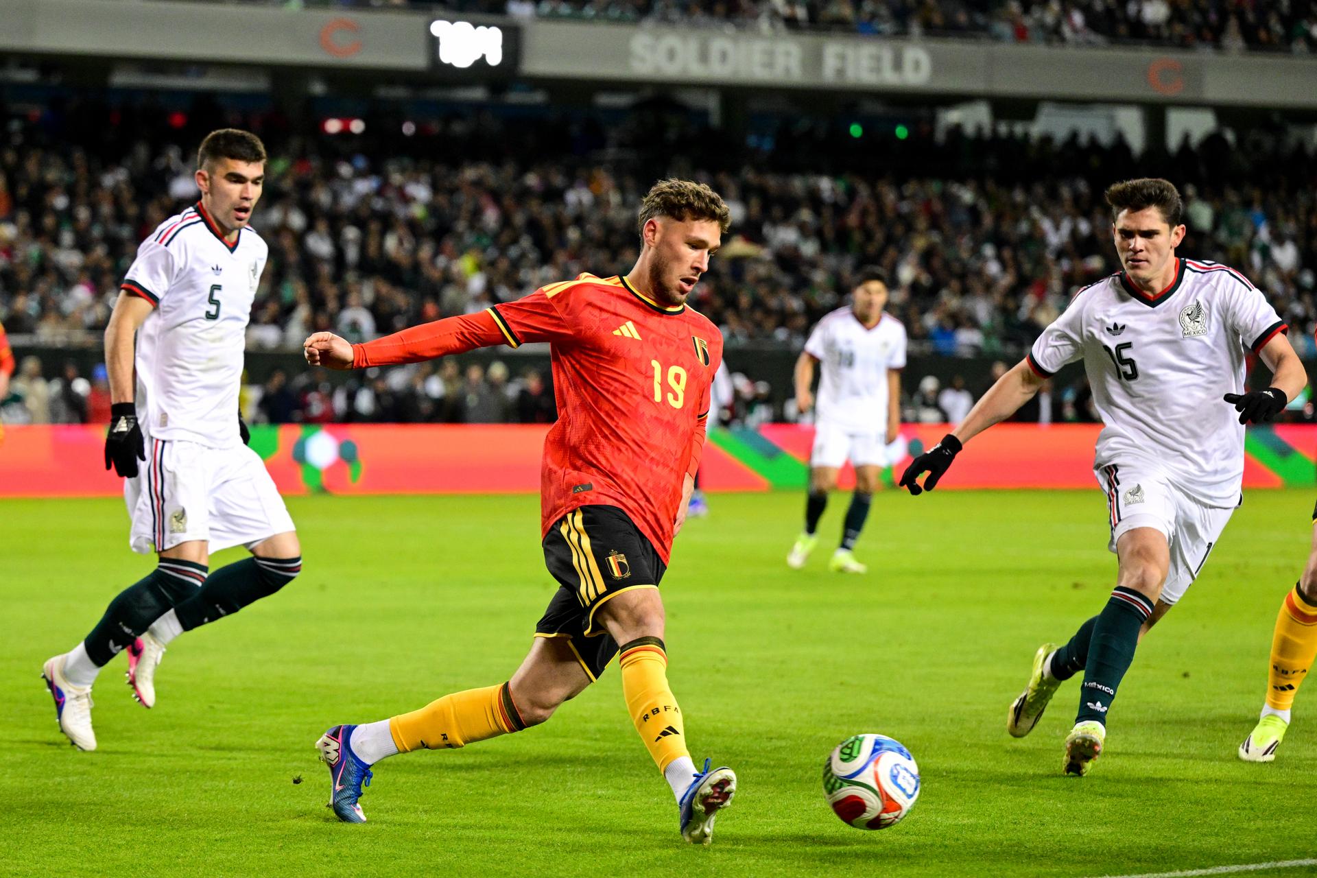 Belgium's Lucas Stassin pictured during a friendly soccer game between the Mexican national team and Belgian national soccer team Red Devils in Chicago, on Wednesday 01 April 2026, in preparation for the 2026 World Cup. BELGA PHOTO DIRK WAEM
