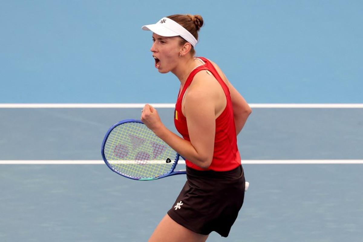 Belgium's Elise Mertens reacts after a point against China's Zhu Lin during their women's singles match at the United Cup tennis tournament on Ken Rosewall Arena in Sydney on January 3, 2026.  DAVID GRAY / AFP