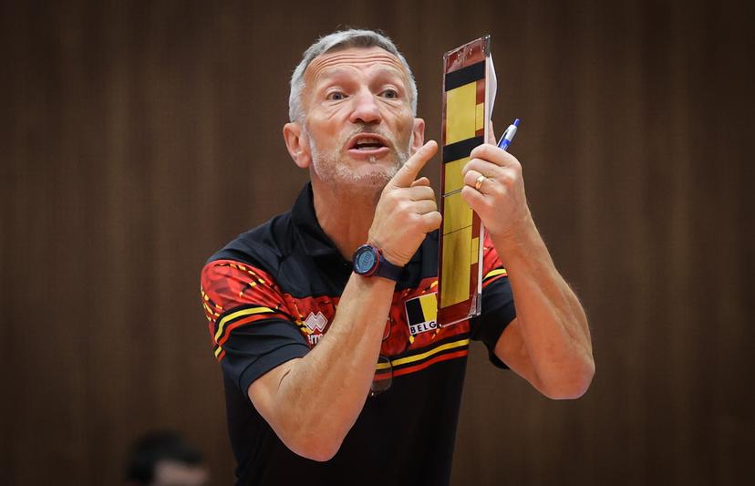 Belgium's head coach Emamuele Zanini gestures during a volleyball match between Belgium's national men's volleyball team, the Red Dragons, and the Ukrainian national men's volleyball team, match 3 (out of 6) in the League Round Pool B of the European Golden League men, in Beveren, Saturday 03 June 2023. BELGA PHOTO VIRGINIE LEFOUR