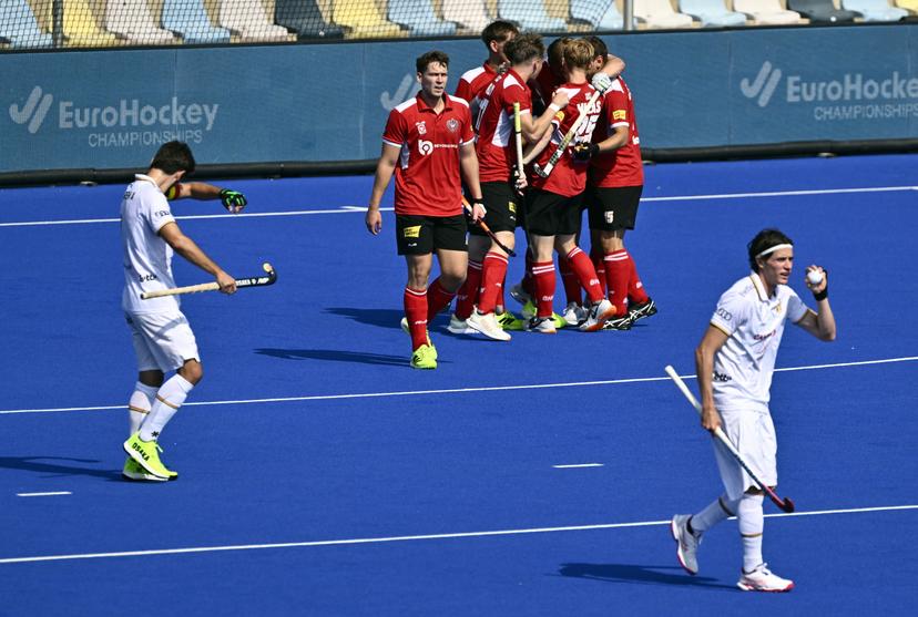 Austria scores during a hockey game between Belgian national team Red Lions and Austria, match 1/3 in the pool stage of the 2025 men's European championships, Saturday 09 August 2025 in Monchengladbach, Germany. BELGA PHOTO ERIC LALMAND