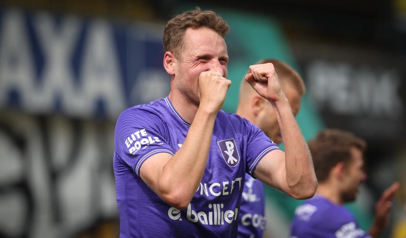 Patro Eisden's Simon Bammens celebrates after scoring during a soccer match between KSC Lokeren-Temse and Patro Eisden Maasmechelen, Saturday 03 May 2025 in Lokeren, a final first leg game in the Promotion Play-off of the 2024-2025 'Challenger Pro League' 1B second division of the Belgian championship. BELGA PHOTO VIRGINIE LEFOUR