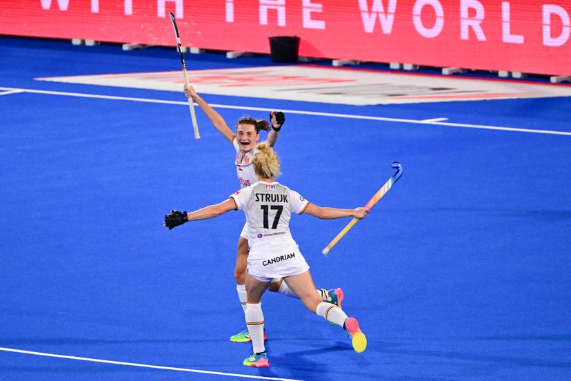 Belgium's Stephanie Vanden Borre and Belgium's Michelle Struijk celebrate after scoring during a field hockey game between Belgian national team Red Panthers and Spain during the group stage of the women's 2026 Hockey World Cup, on Tuesday 18 August 2026, in Wavre. The 2026 edition of the Hockey World Cup takes place in Belgium and The Netherlands from August 15 to August 30. BELGA PHOTO DIRK WAEM