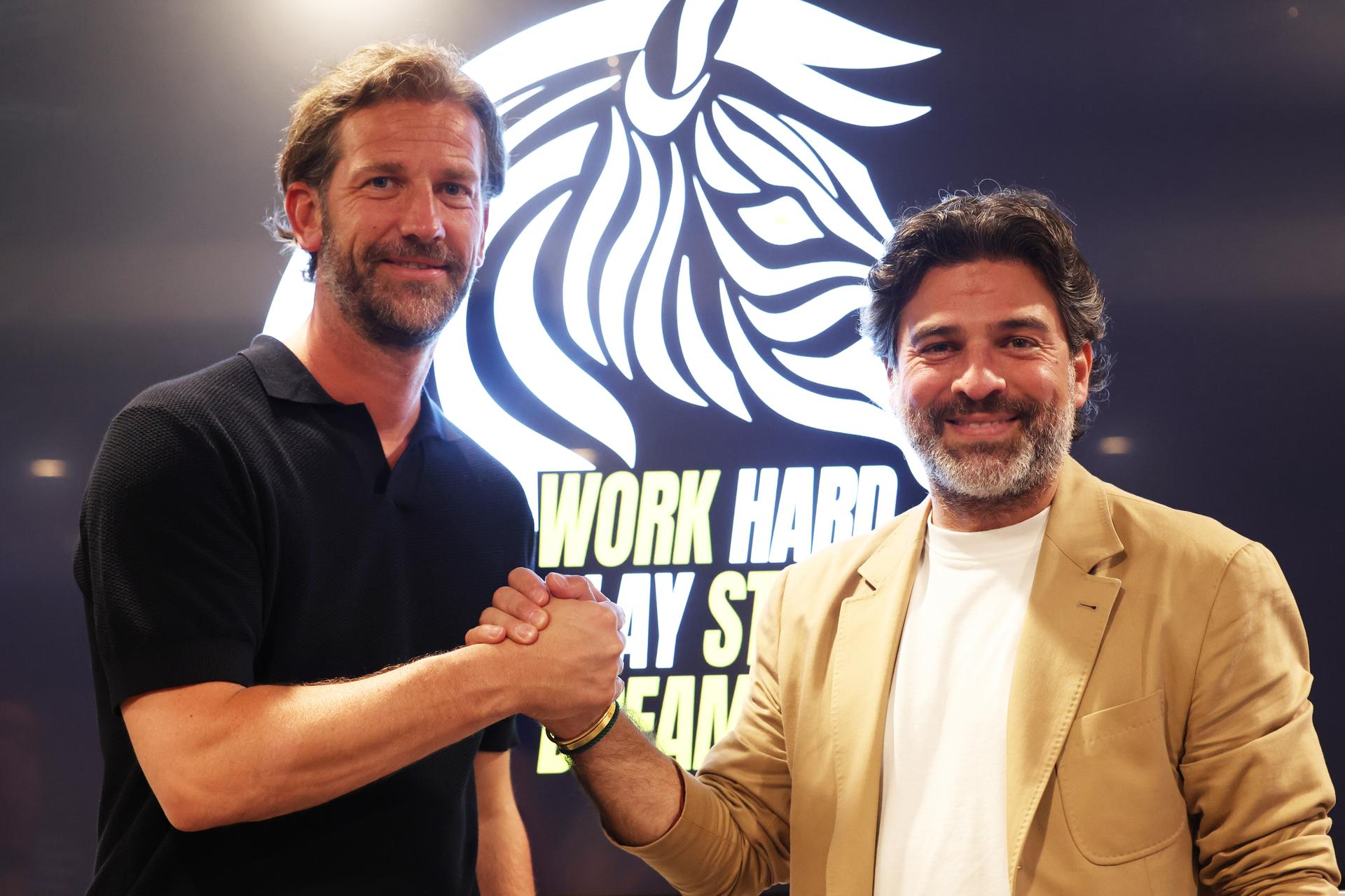 Charleroi's head coach Rik De Mil and Charleroi's manager Mehdi Bayat pictured during a press conference of Belgian soccer club Sporting Charleroi, on Friday 13 June 2025, in Charleroi.  BELGA PHOTO VIRGINIE LEFOUR