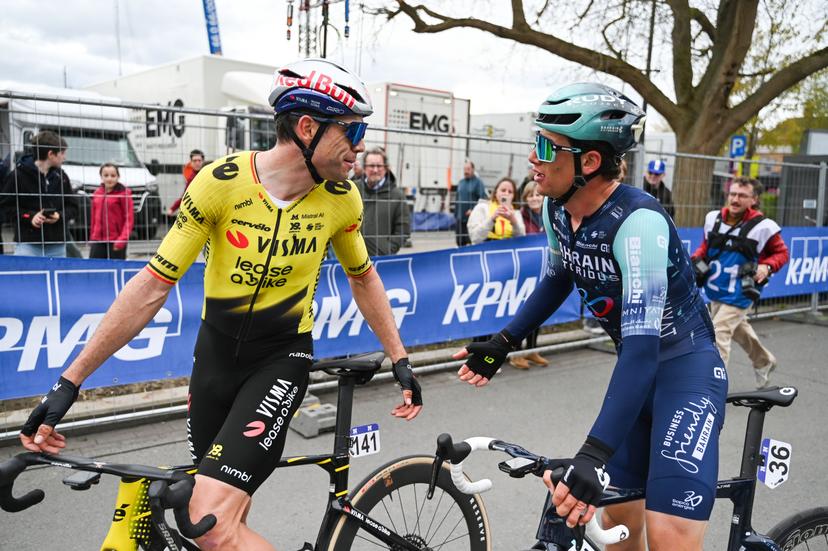 Belgian Wout van Aert of Team Visma-Lease a Bike and Belgian Alec Segaert of Bahrain Victorious pictured after the men elite 'Middelkerke-Wevelgem - In Flanders Fields' one day cycling race, 240.8 km from Middelkerke to Wevelgem, on Sunday 29 March 2026. BELGA PHOTO ELIAS ROM