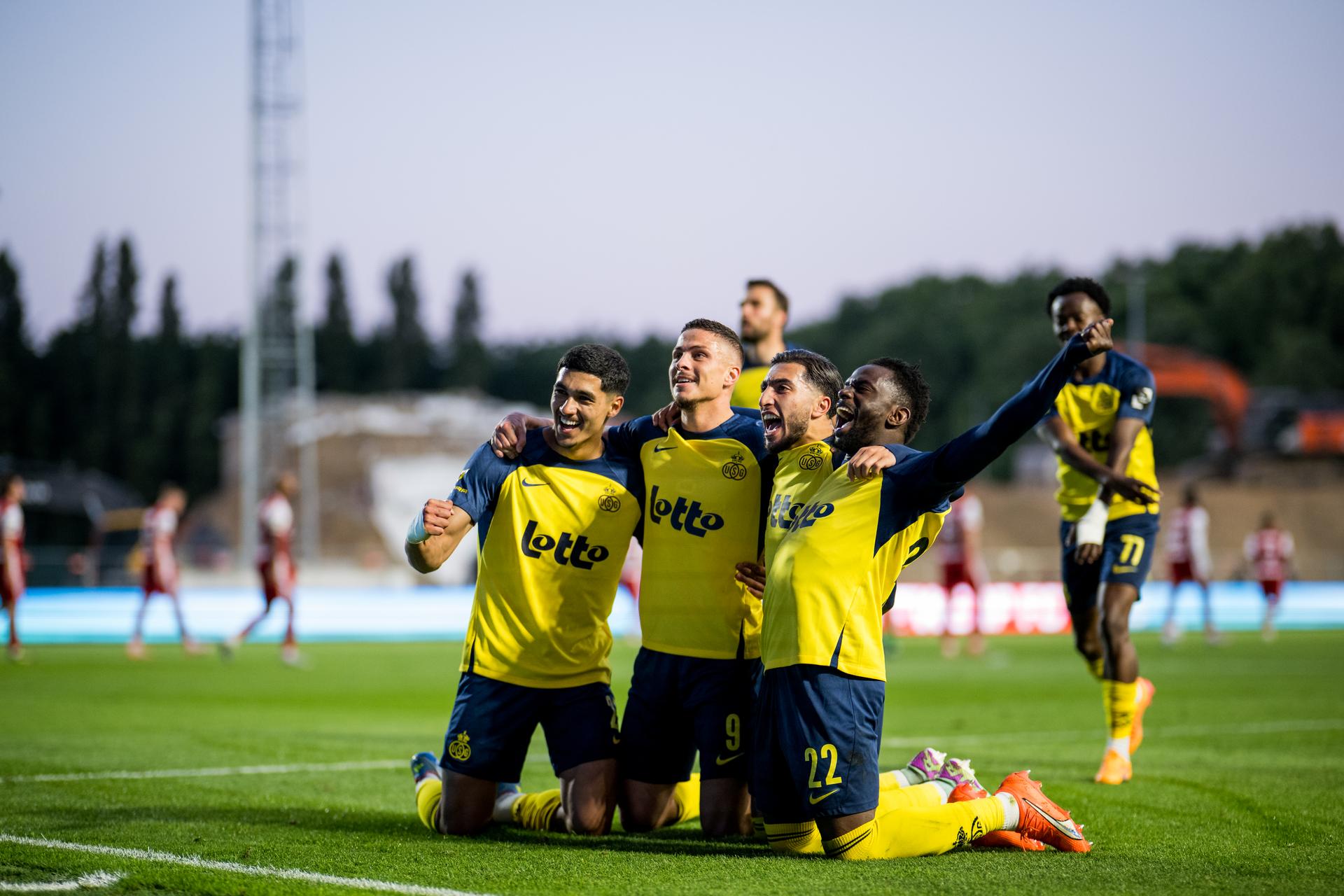 Union's Franjo Ivanovic celebrates after scoring from penalty during a soccer match between Royal Antwerp FC and Union Saint-Gilloise, Saturday 17 May 2025 in Brussels, on day 9 (out of 10) of the Champions' Play-offs of the 2024-2025 'Jupiler Pro League' first division of the Belgian championship. BELGA PHOTO JASPER JACOBS