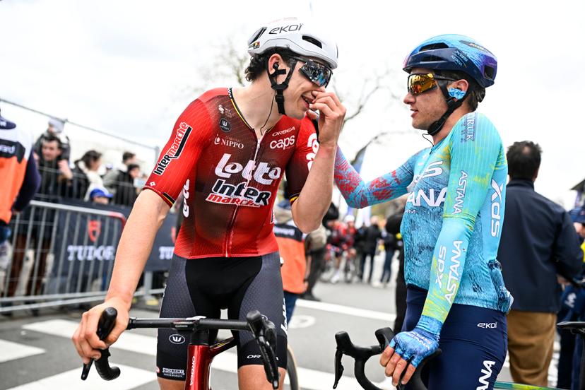 Belgian Arnaud De Lie of Lotto-Intermarche and Belgian Arjen Livyns of XDS Astana Team pictured after the men elite 'Middelkerke-Wevelgem - In Flanders Fields' one day cycling race, 240.8 km from Middelkerke to Wevelgem, on Sunday 29 March 2026. BELGA PHOTO JASPER JACOBS