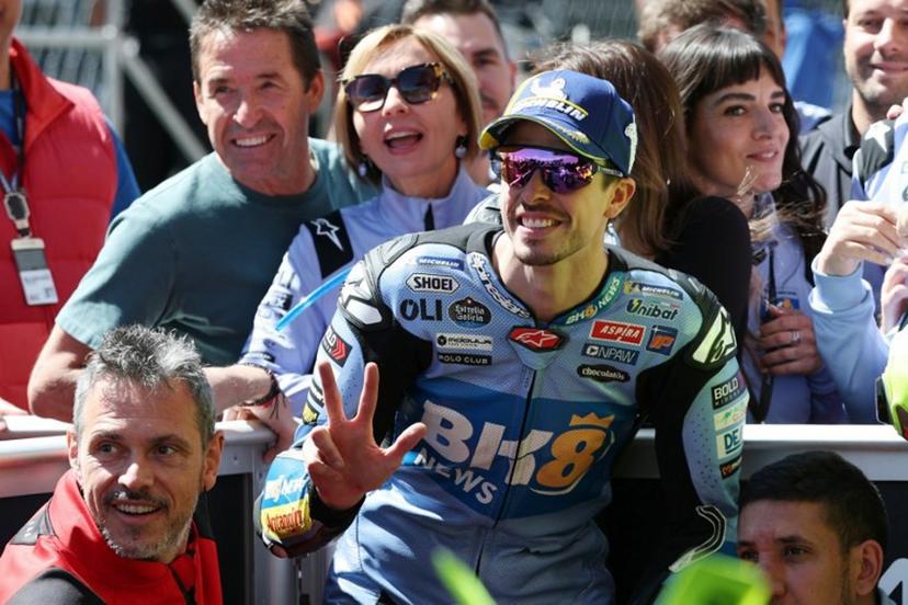 Team Gresini Racing MotoGP's Alex Marquez celebrates his second place after the qualifying session at the Catalunya Moto GP Grand Prix at the Catalunya racetrack in Montmelo, near Barcelona, on May 16, 2026.  Lluis GENE / AFP