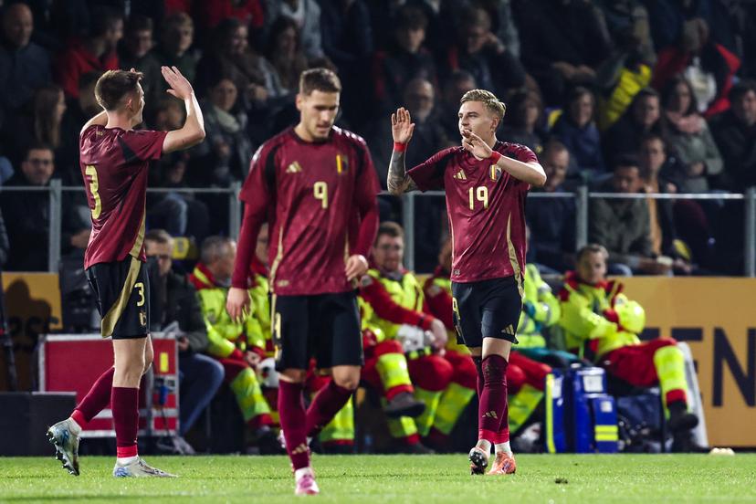 Belgium's Norman Bassette celebrates after scoring during a soccer game between the U21 youth team of the Belgian national team Red Devils and the U21 of Denmark, in Westerlo, on Tuesday 14 October 2025, game 3 (out of 8) of the qualifications for the 2027 UEFA European Under21 Championship. BELGA PHOTO BRUNO FAHY